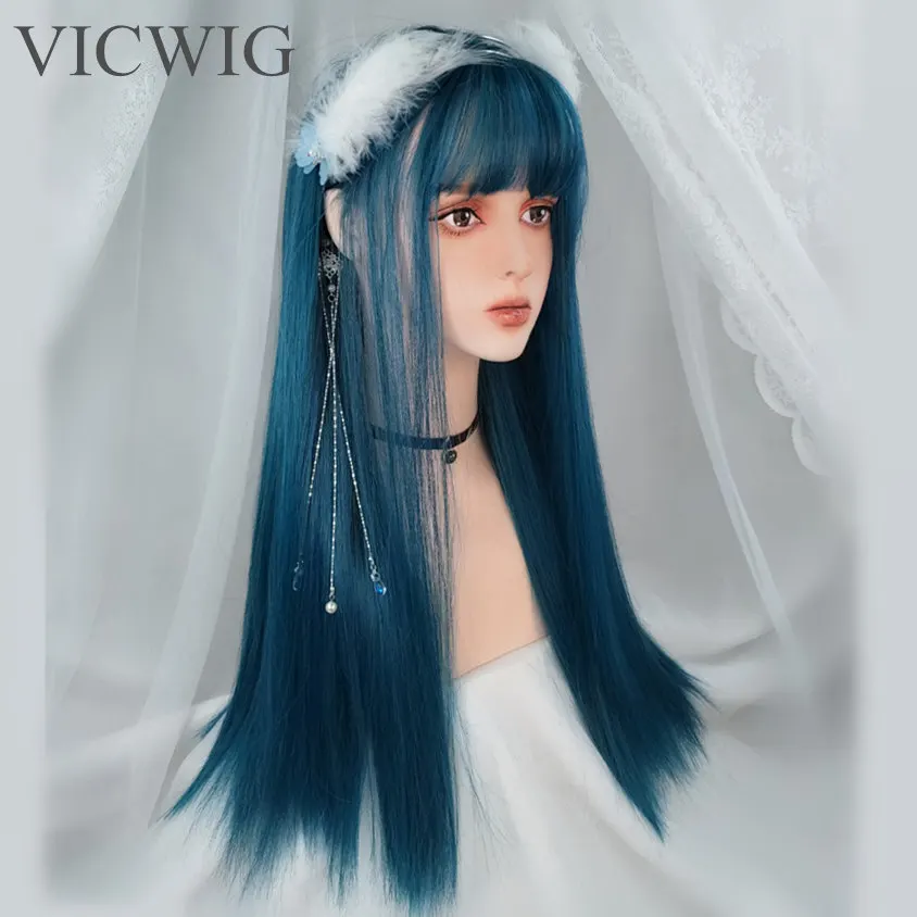 Vicwig parochne pre ženy Syntetické vlasy tmavomodré dlhé priame rovné parochňu Cosplay s treskami tepelne rezistentné
