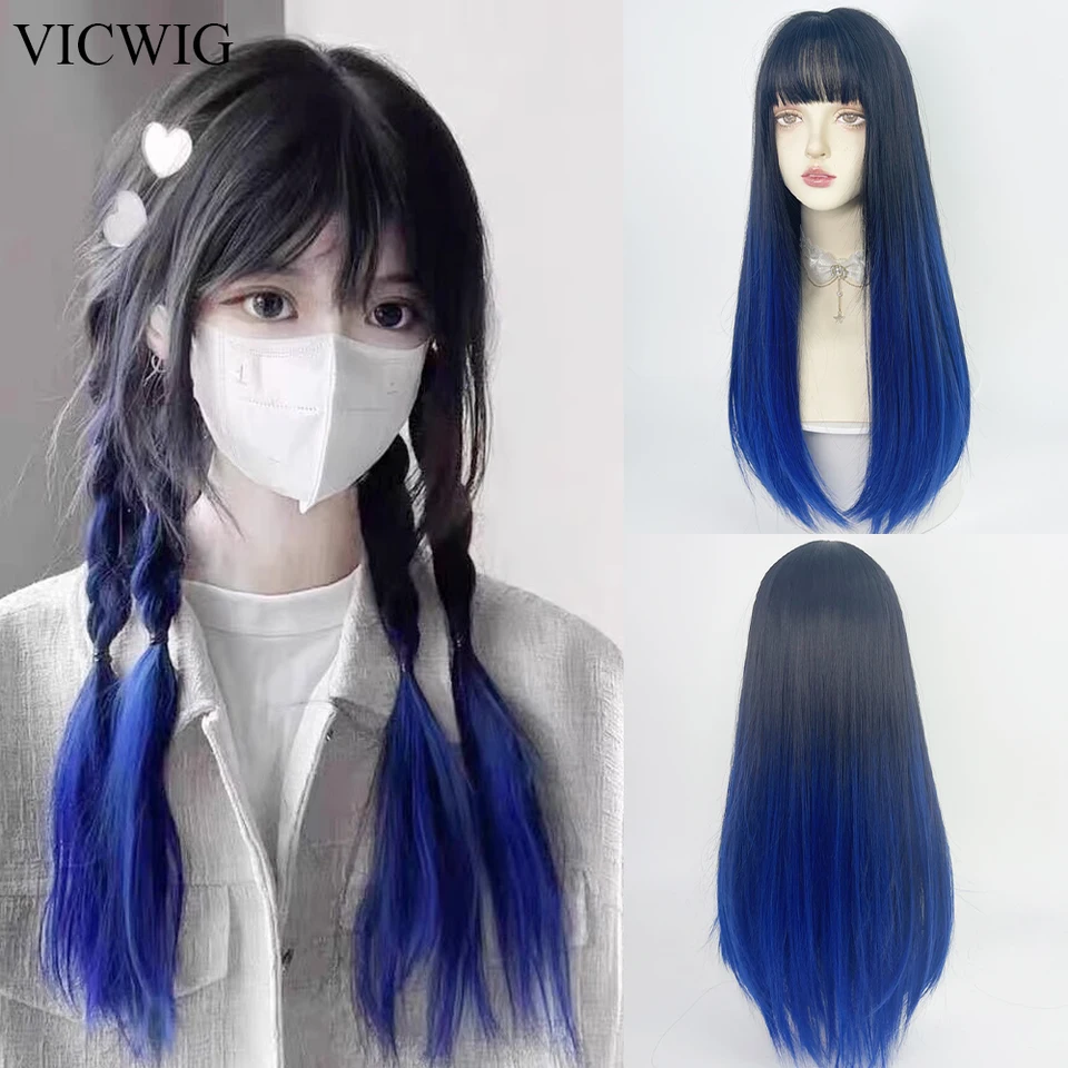 Vicwig Straight Wavy Long Syntetická parochňa Lolita Cosplay Gradient ombre čierna modrá biela biela ženy prírodné vlasy parochňa na večierok Denne