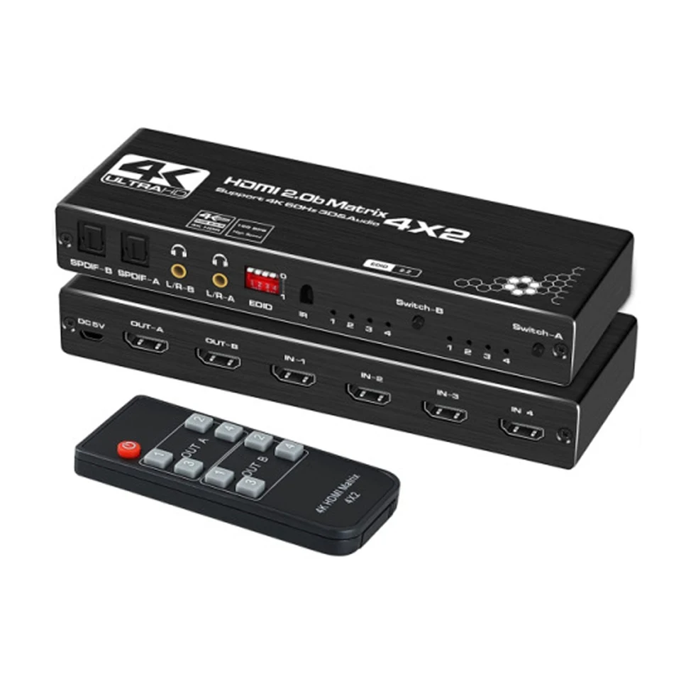 Video adaptér HDMI 4x2 4 v 2 out 6 port 4k spínač matrice HDMI s diaľkovým prémiovým 4K@60Hz HDMI2.0 Selektor prepínača