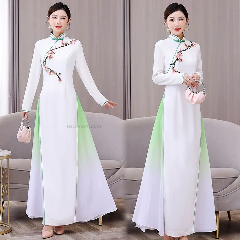 Vietnam aodai temperament šaty čínske výnimočné kvetinové jacquard čajové umenie Vestido Dutlow Out Slim Ao Dai Lady 4xl Loose Dress