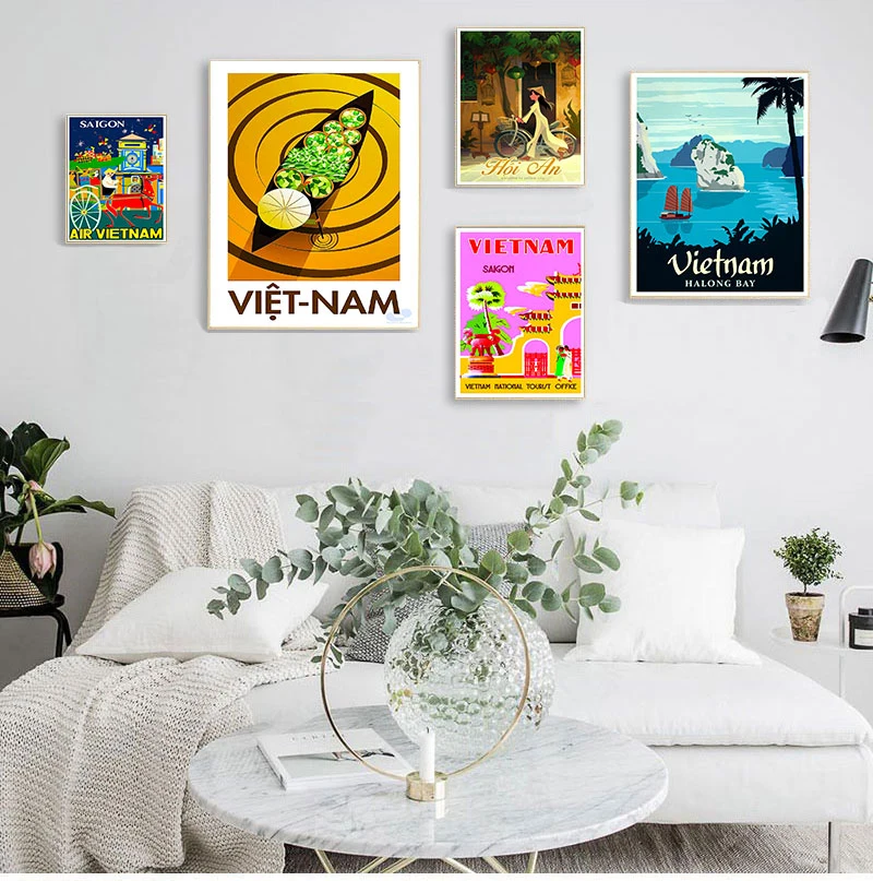 Vietnam vodný trh Hoi a žlté mesto cestovné plátno maľby vinobranie stena kraft plagáty potiahnuté nástenné nálepky domáci výzdoba darček