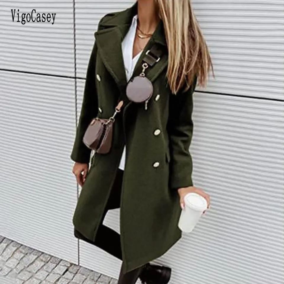 Vigocasey Winter Green Green Long Trench Coat Dámsky neformálny rukávový Blazer Overcoat 2025 Lady Autumn Pocket Double Brease Outwear