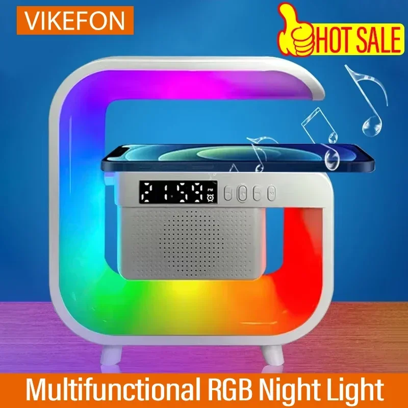 Vikefon Multifunkčné nočné svetlo RGB s budíkom a reproduktorom Bluetooth a bezdrôtovou nabíjačkou pre iPhone Samsung Xiaomi