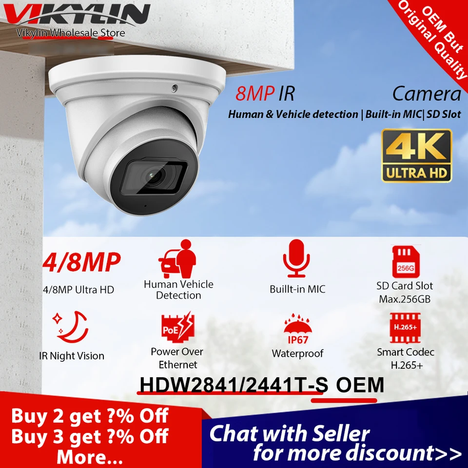 Vikelin 4K 8MP outdoorová bezpečnostná kamera pre DH OEM HDW2841T-S HDW2441TM-S 4MP Wizsense Poe Mic Slot Slot Detection Human Vozic