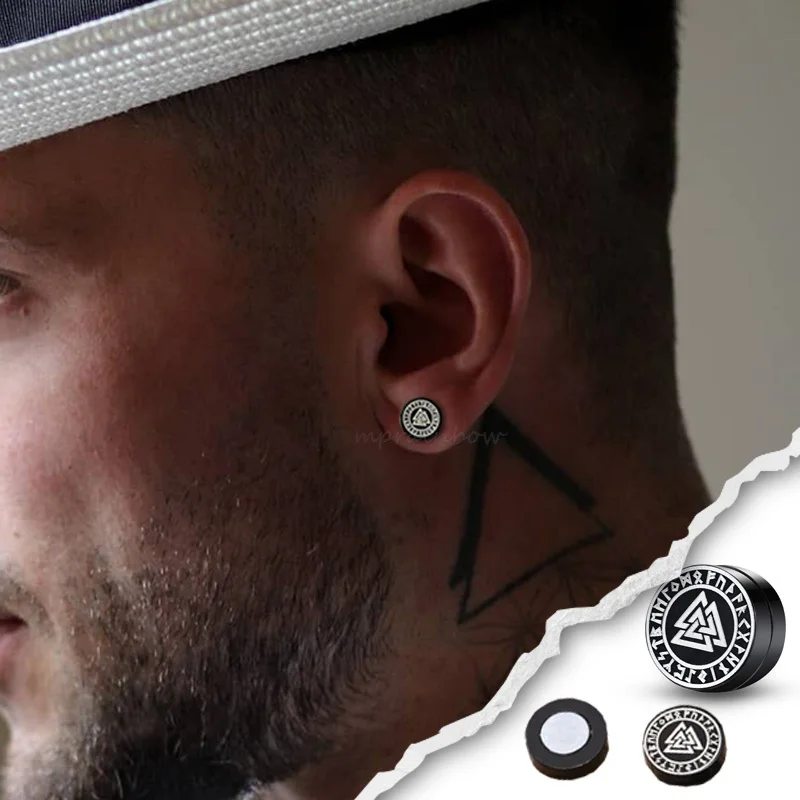 Viking Valknut Vegvisir Runes Clip Suck pre mužov, falošné ušné klipy z nehrdzavejúcej ocele s nórskymi kompasovými meradlami bez piercingu
