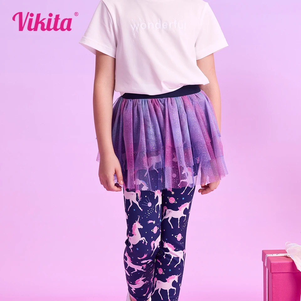 Vikita Kids Girls Unicorn Print Pants Dievčatá pletené sukne s legínkami Deti Fake 2ks nohavice Toddlers nohavice nohavice