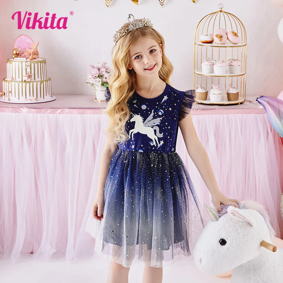 Vikita Kids Licorne Cartoon Dievčatá Dievčatá letné rukávy letné šaty Dievčatá Gradient narodeninové oslavy predstavenie princeznej šaty