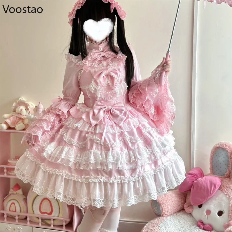 Viktoriánska sladká lolita jsk šaty Ženy kawaii roztomilé čipky kvetinové svadobné šaty