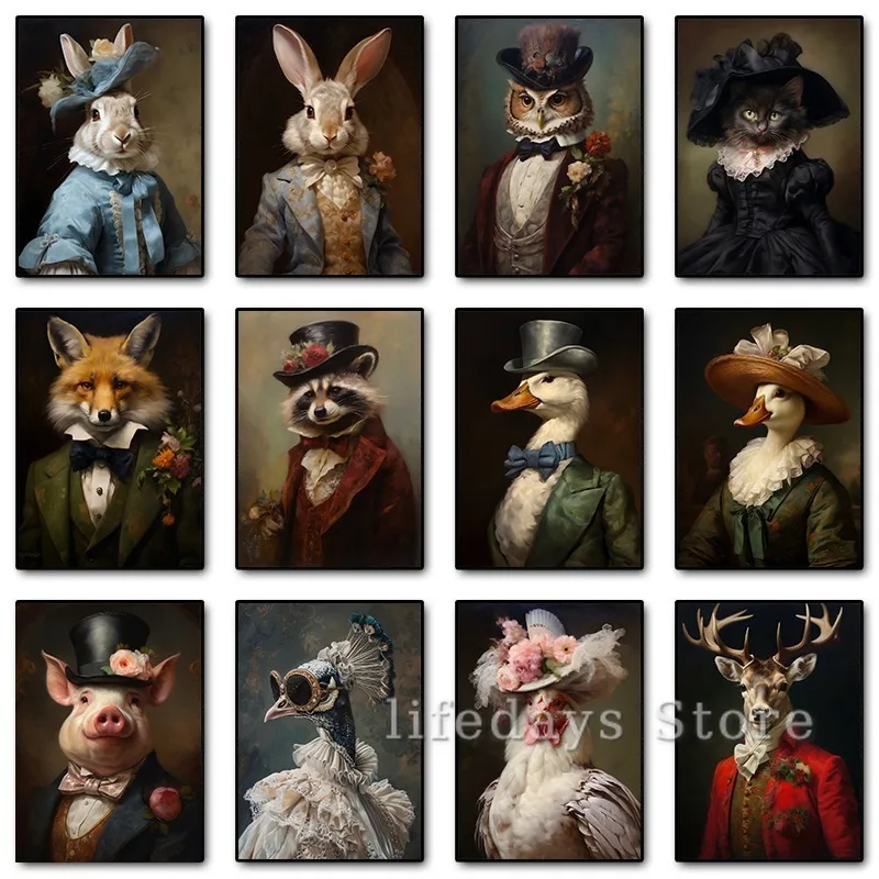Viktoriánsky portrét zvierat plagát Peacock mývala kuracie králiky Renaissance Royal Dress Animal Canvas Tlač nástenných diel