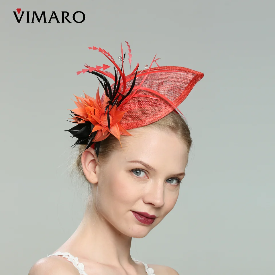 Vimaro Orange Sinamay Fascinátory pre ženy Elegantné čelenky fascinátorové klobúky pre ženy svadobné a kostolné derby klobúk ženy