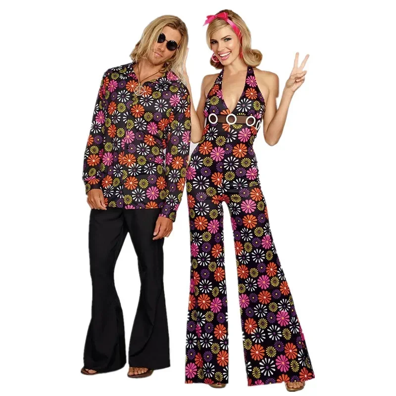 Vinobranie dospelých 70. rokov 80. rokov 80. rokov Hippie Outfits Cosplay kostýmy páry Halloween Party Peace Love Flower Power Hippie kostým