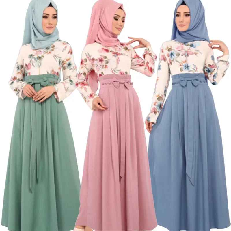 Vinobranie kvetinové tlač maxi šaty Ženy Moslim Abaya Dubaj Turecko Kaftan Islamské oblečenie Eid Mubarak Ramadan Nový rúž Caftan šaty