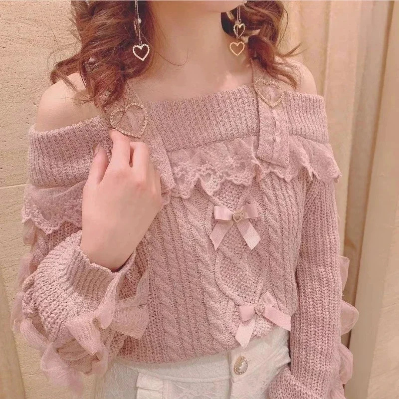 Vinobranie sladké lolita štýl pletelovaný pullover jar girls roztomilé z ramenných čipiek na ramene luky sveter ženy harajuku pletené topy