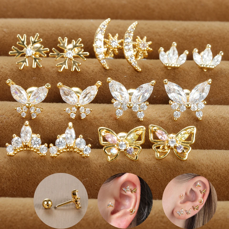 Vinobranie zlatá z nehrdzavejúcej ocele Butterfly Stud Cuimrs Ženy snehová vločka zirkón chrupavka chrupavka Piercing náušnice vianočné šperky
