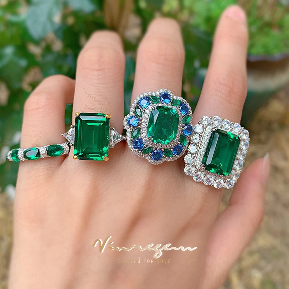 Vinregem Emerald High Carbon Diamonds Gemstone Vintage 925 Sterling Silver Jewelry Dámske večierky Svadobné prstene Výročie Darčeky