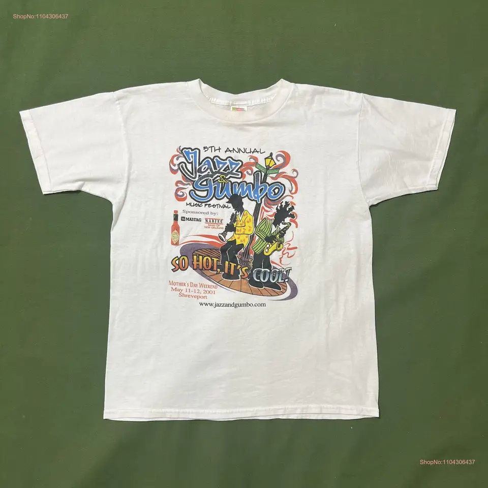Vintage 00s Y2K 2001 Jazz and Gumbo Fest Shreveport Louisiana Turist Tourist Souvenir T tričko biely veľký