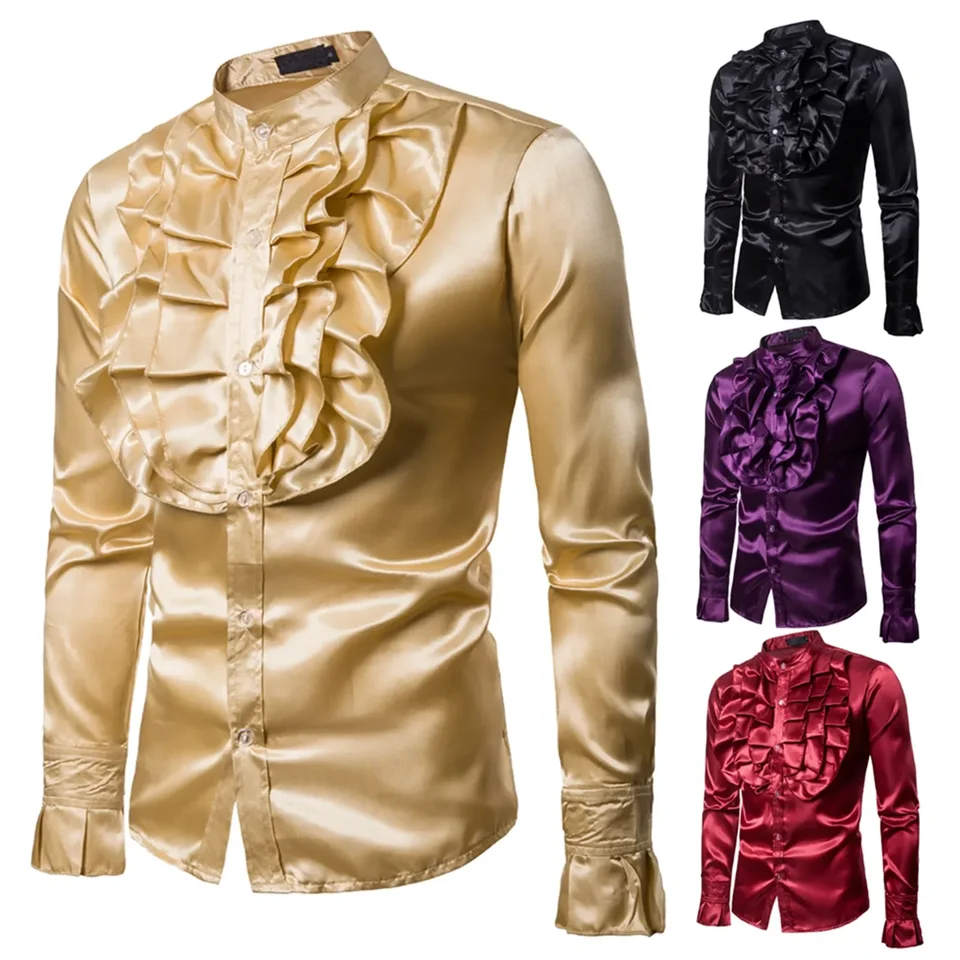 Vintage 70. storočie frill rufené košele pre mužov Vicotoriánsky kostým Top gotický punk retro retro tričko faxu hodvábna kravata košeľa Halloween