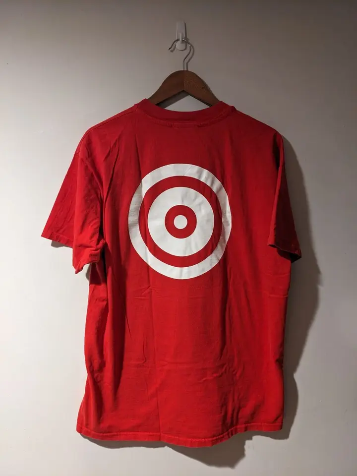 Vintage 90. roky Target Bullseye Worker zákaznícky servis červené x-veľké tričko