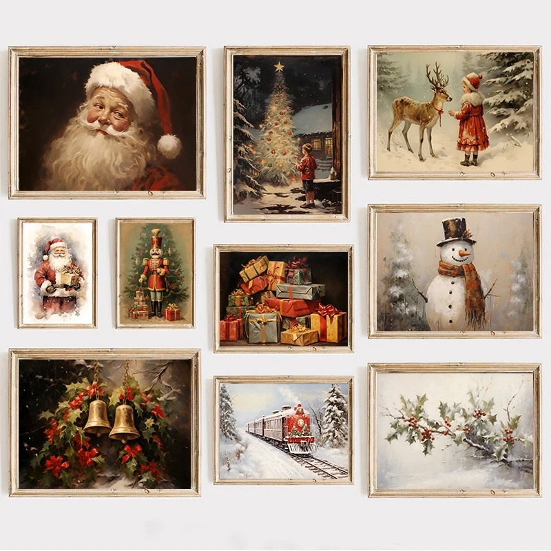Vintage Abstrakt snehu zimná krajina vianočný stromček Santa dekorácie plagát plátno tlači