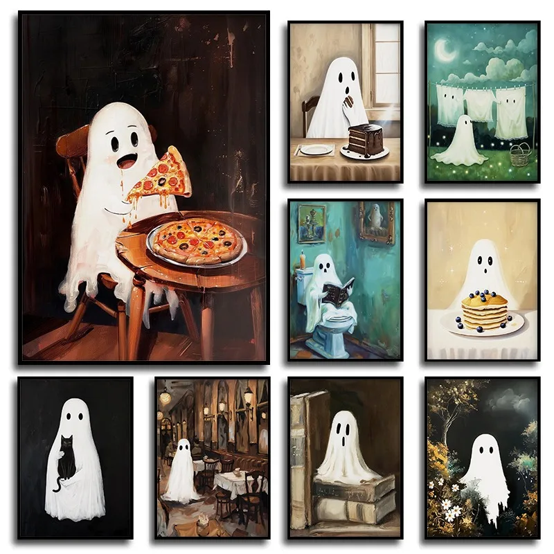 Vintage Academia Halloween Cute Ghost Eat Pizza Plagáty a výtlačky plátna tlačiareň