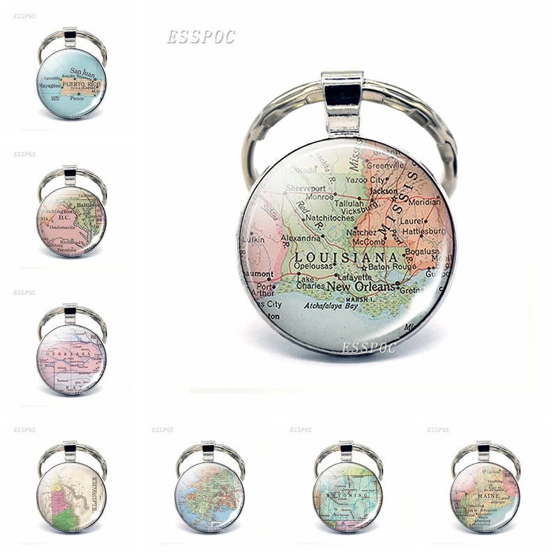 Vintage American Map Glass Cabochon Keychain Spojené štáty americké Washington DC DC Louisiana California Kľúčové prstene Módny darček módny darček