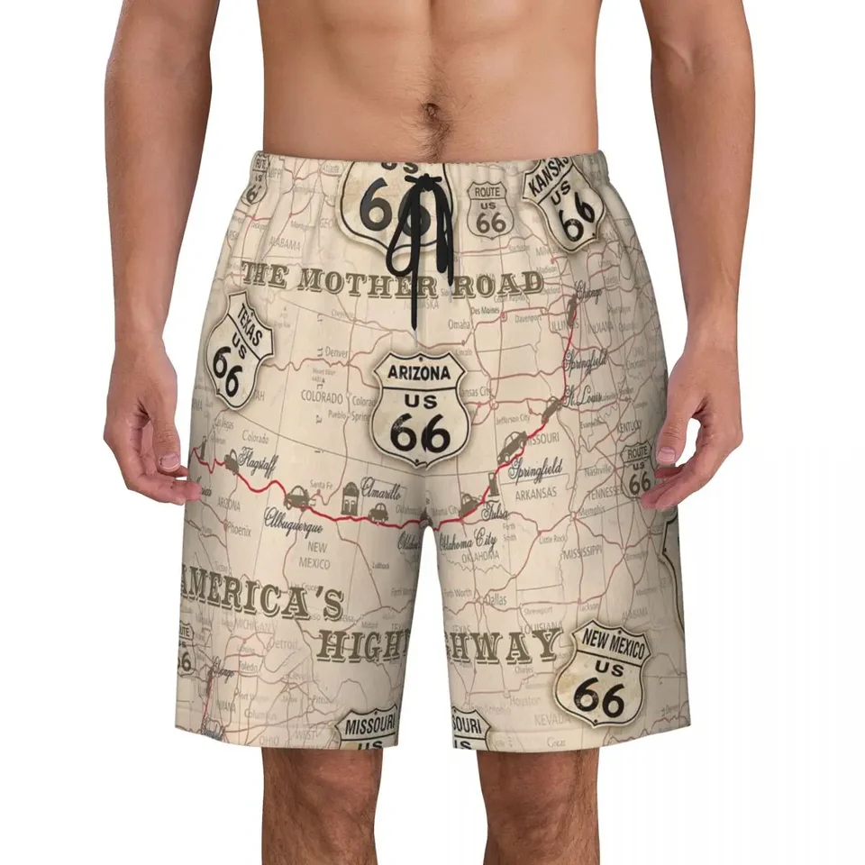 Vintage American Map Route 66 vzorové dosky šortky Men Fashion Beach Shorts Slires USA Highways Rýchle suché kúpanie kmene