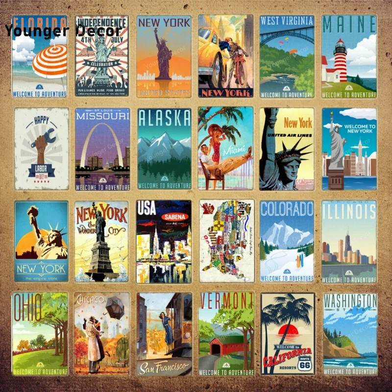 Vintage americké mestá cestovné kovové znaky New York Aljaška Ohio Washington Wall Decor Plager Retro retro nálepka Nálepka Paintin