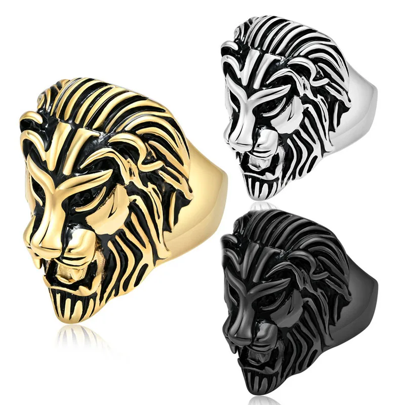 Vintage Big Lion Head Men's Band Punk Rock Gothing Ring Pánsky motor Personalizovaný z nehrdzavejúcej ocele Veľkosť kruhu zvierat 8 ~ 12