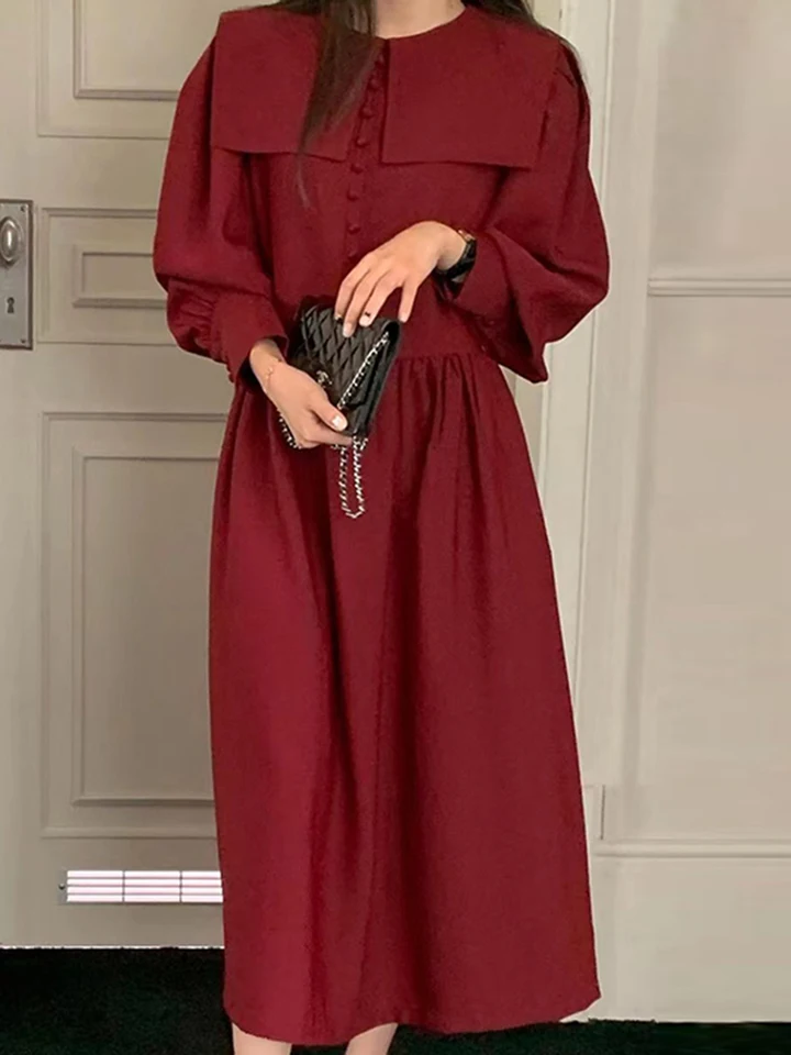 Vintage blg klopa pevná zelená single breasted s košeľou šaty ležérne voľné rukávy Vestidos jesenná zima x434