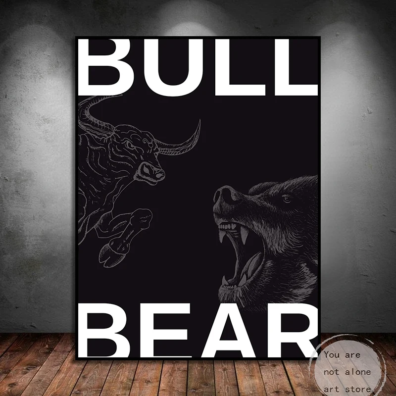 Vintage Bull & Bear Bitcoin Crypto Stopet Bussiness Art Art Plaght Canvas maľba nástenná tlač Obývacia izba Office Domovod