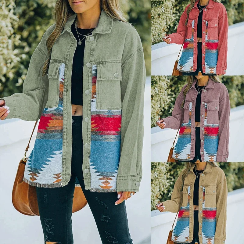 Vintage bundy bundy pre ženy y2k voľná jar jesenná denim vlnený kabát retro stredný rukáv s dlhým rukávom Streetwear Goth Coat