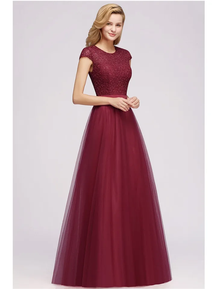 Vintage burgundské kvetinové čipky maxi šaty pre ženy elegantné o krku krátke rukávy s linningom ženské večerné plesové šaty
