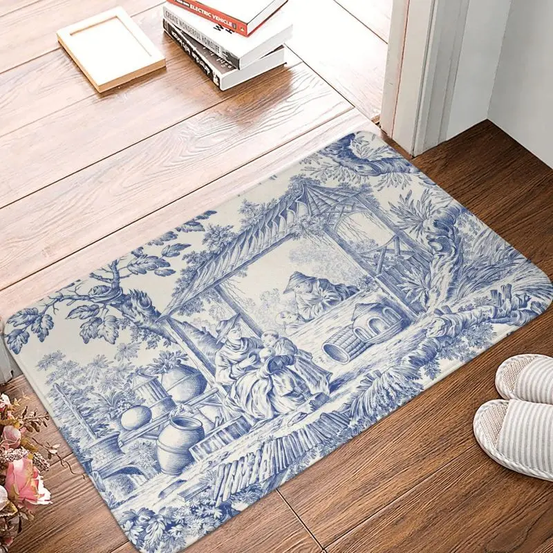 Vintage Classic French Toile de Jouy Navy Blue Motif Pattern Vzor predných podlahových dverí vchod rohože vonkajšia rohožka koberec koberec koberce