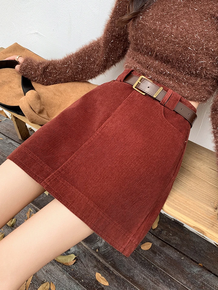 Vintage corduroy sukne Ženy Belt Mini sukňa Solid Colar Autumn Winter Elegant A-Line Casual Slim Boot sukňa s krátkymi skotmi