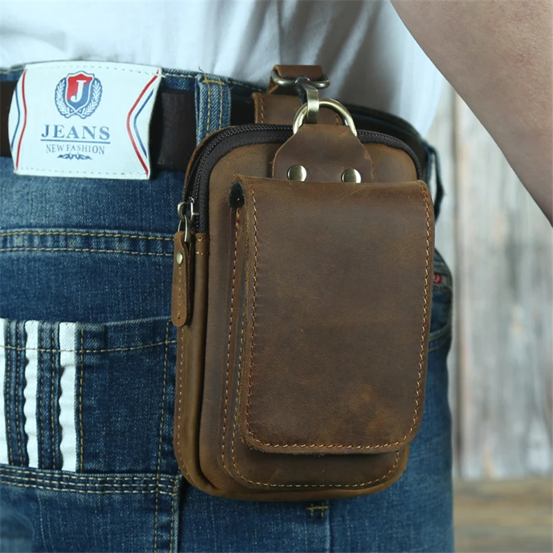 Vintage Crazy Horse Leather Fanny Balík Men Originálny kožený cestovný pás pásové vrecká Muž Malé telefónne vrecko slučka Hip Bum Bag Bag