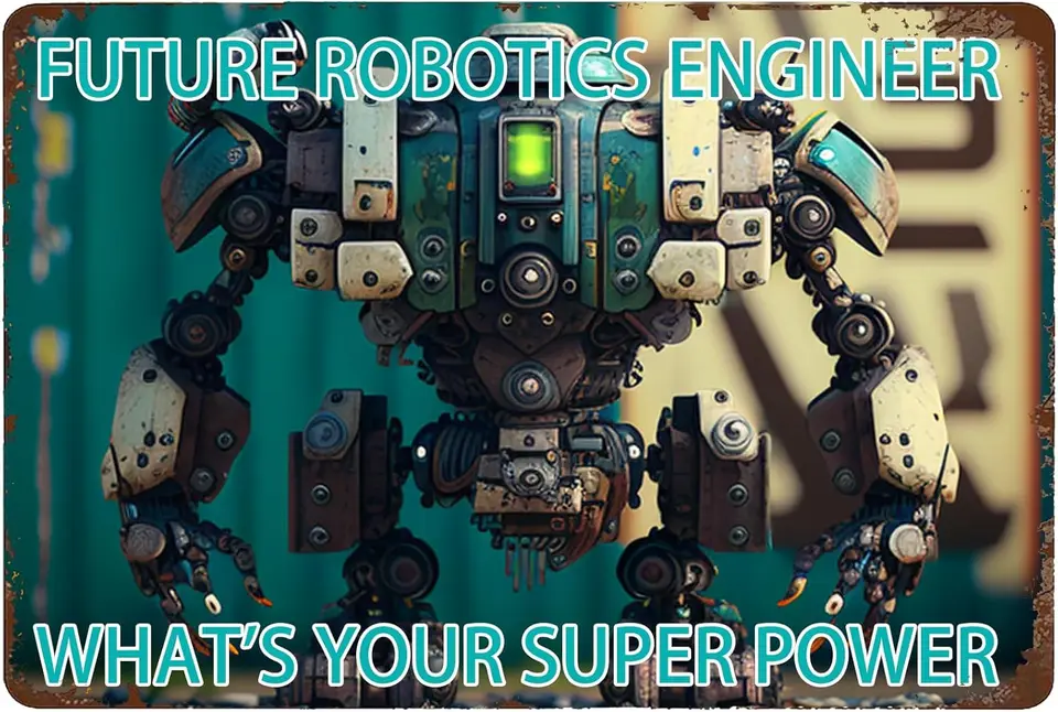 Vintage cínová značka: Future robotický inžinier - vaša super sila | priemyselné strojové nástenné umenie | Vibrant desať prikázaní |