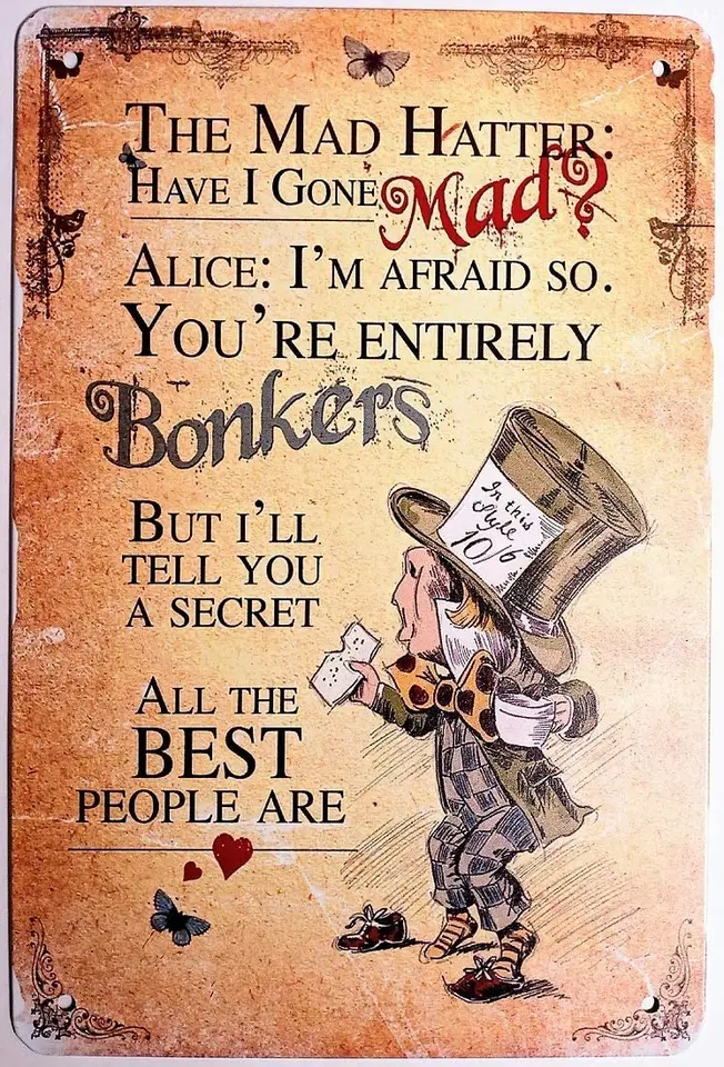 Vintage cínový znak dekor, Alice's Adventures in Wonderland, 12 