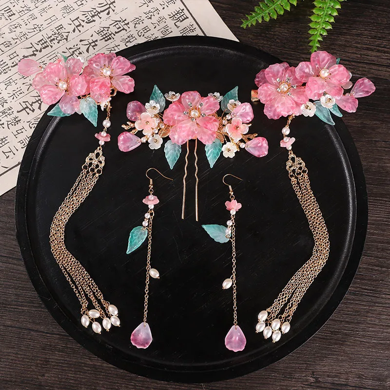 Vintage dievčatá Fringe Hair Clip Hairpin Flower Hair Stick Čínsky štýl Han CustMe Vlasové doplnky Ženy Hanfu Sada hlavy hlavy