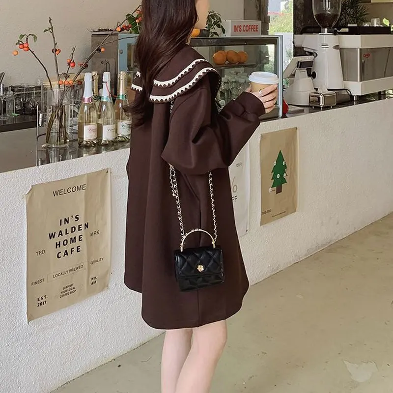 Vintage Doll Golier Loose Dresses 2024 Jar jesenná ležérna pevná farba Dámske oblečenie s dlhým rukávom Kórejské rovné šaty midi
