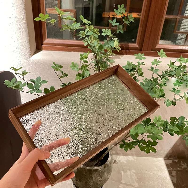 Vintage drevená sklenená podnos, Begonia Relifeded, Temped Tray, raňajkový podnos, podnos na kávu orechov, domáci výzdoba