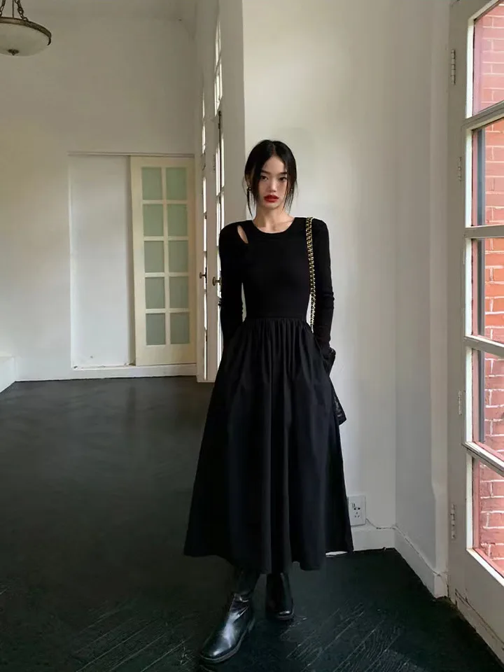 Vintage Dutlow out čierne šaty Ženy Jeseň Elegantný štýl hepburn o krk midi šaty y2k harajuku Kórejský zostrih linkových šiat