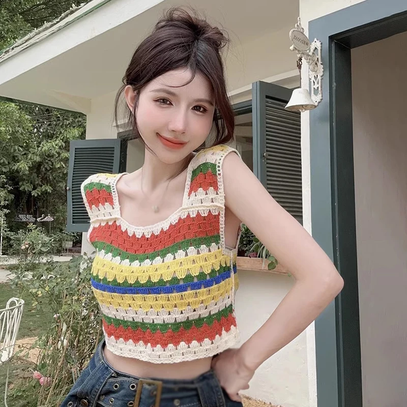 Vintage dámska camisole letný retro retro štvorcový krk dúhový pruh štíhly pletený top