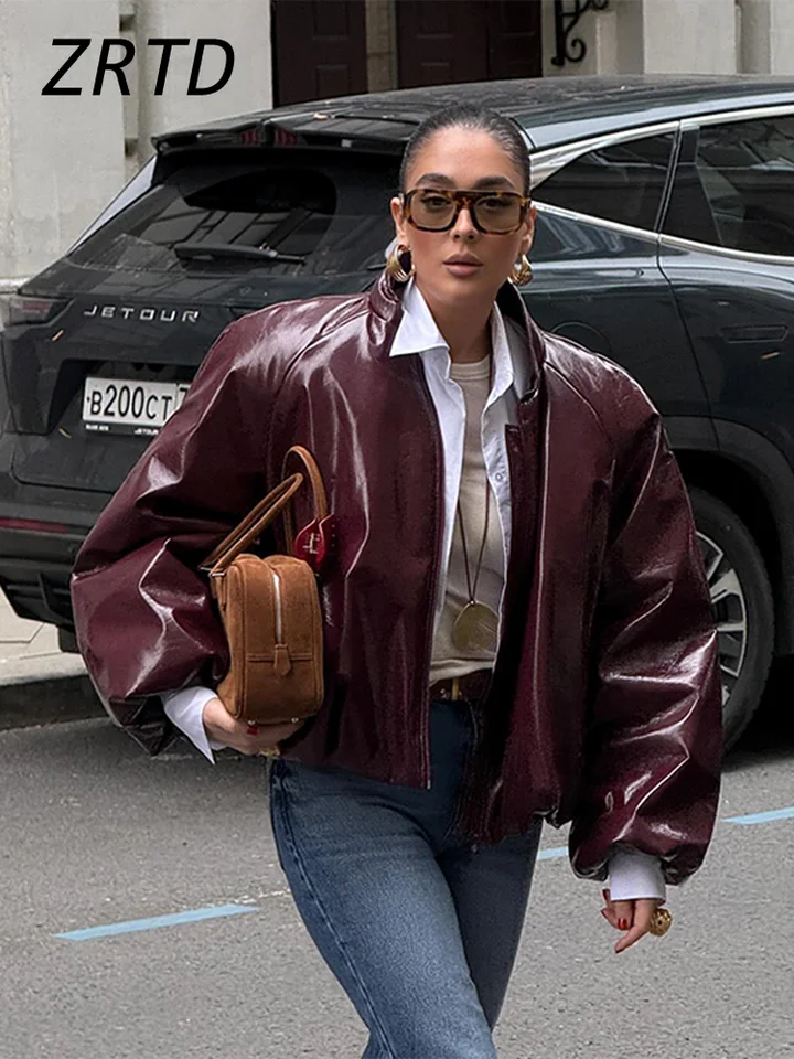 Vintage Dámske kožené bombardovacie bundy voľné O-krk na zips s dlhým rukávom vreckové krátke kabáty 2024 Jeseň Lady Chic Y2K Streetwear