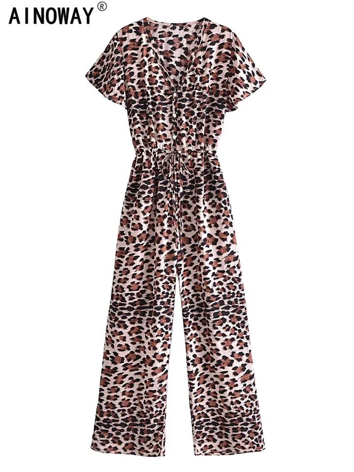 Vintage elegantné ženy leopard tlač elastický pás široká noha boho kombinézy BodySuits s krátkym rukávom v krku V-pätiek České romány