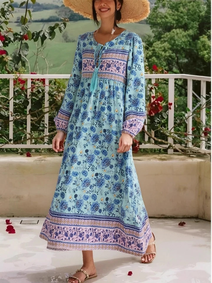 Vintage elegantné ženy zelené kvetinové tlače Tassel Beach Bohemian maxi šaty rúž kaftan lady rayon etnicko boho šaty Vestidos