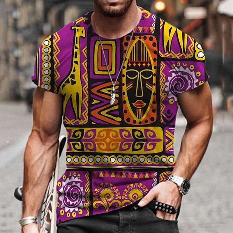Vintage etnický štýl vzory tričká Letný módny trend krátke rukávy 3D tlačené tričko Príležitostné ulice Loose Mens Oblečenie