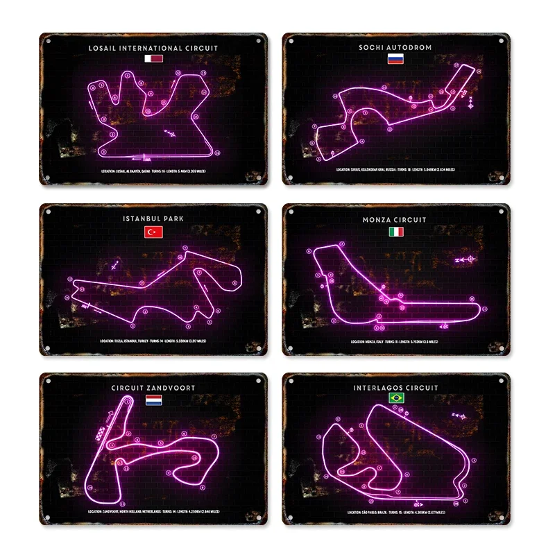 Vintage f1 závodné neónové trate kovová maľba plechová značka inor plagát City Circuit Miami Grand Art Picture výtlačky