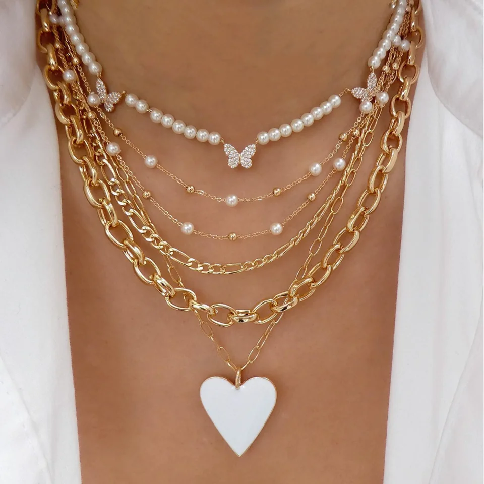 Vintage farebný srdcový prívesok perla perla pre ženy dievčatá módne retiazky Gold-Plate Choker náhrdelníky 2023 Nový trend šperky