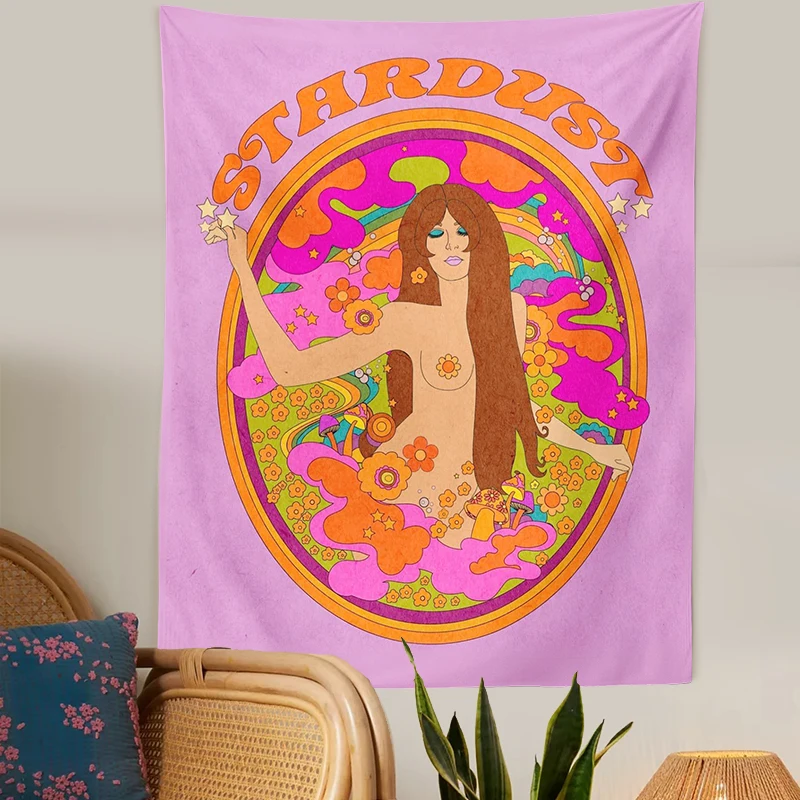 Vintage farebný tapiséria 80. rokov dúhová žena dekorácie pre dievčatá kvety kvety huby dekorácia ins trippy psychedelické nástenné výtlačky
