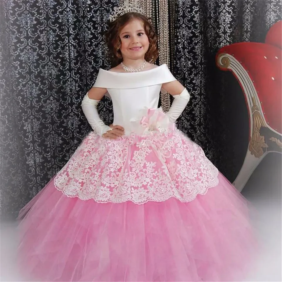 Vintage Flower Girl Dresses, biely satén, ružová, nafúknutá, batoľatá guľa